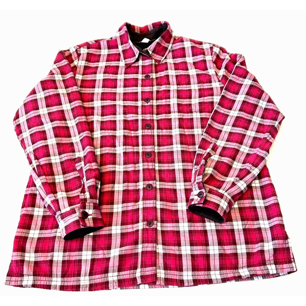 L.L. Bean Women's Flannel Fleece Lined Shirt Shacket Pink Plaid Sz M Long Sleeve